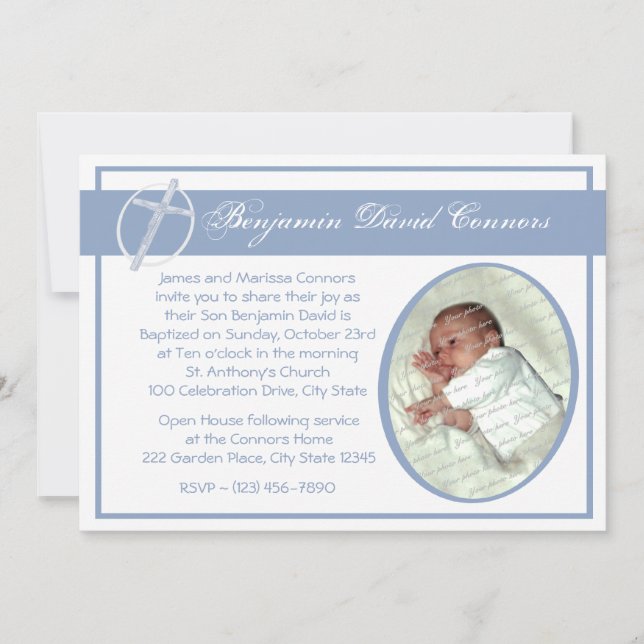 Baby Baptism Photo Blue Invitation (Front)