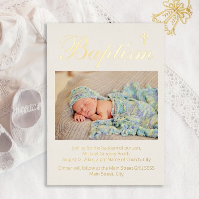 Baby Baptism Photo Religious Cross Foil Invitation (Creator Uploaded)