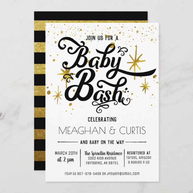Baby Bash Invitation | Black, White & Gold (Front/Back)