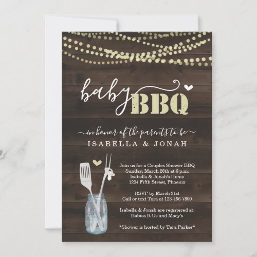Baby BBQ Invitation - Couples Baby Q Barbeque - A cute pacifier hanging from BBQ utensils in a mason jar depicting your wonderfully rustic "Baby BBQ" celebration.