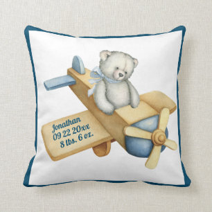 Baby Bear Airplane Watercolor Baby Boy Vintage Throw Pillow