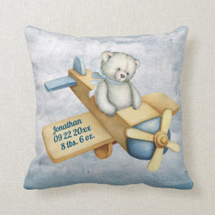 Baby Bear Airplane Watercolor Baby Boy Vintage Throw Pillow