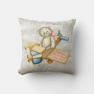 Baby Bear Airplane Watercolor Baby Girl Vintage Throw Pillow