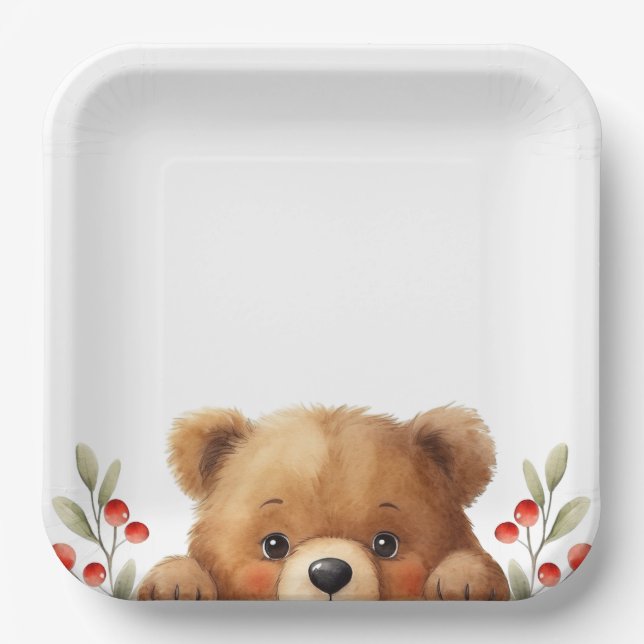 Baby Bear And Rowan Berries Baby Shower Paper Plates (Front)