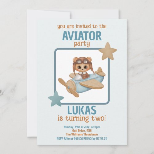 Baby Bear Aviator Party Boy Birthday Invitation