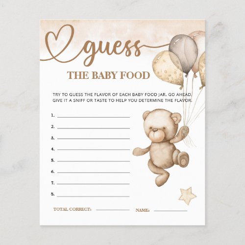 Baby Bear Baby Shower Guess the Baby Food Card