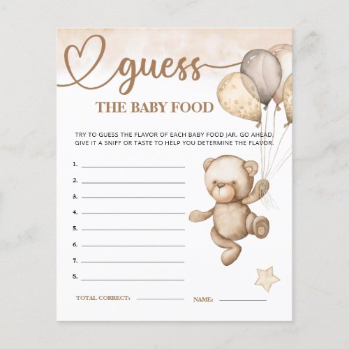 Baby Bear Baby Shower Guess the Baby Food Card
