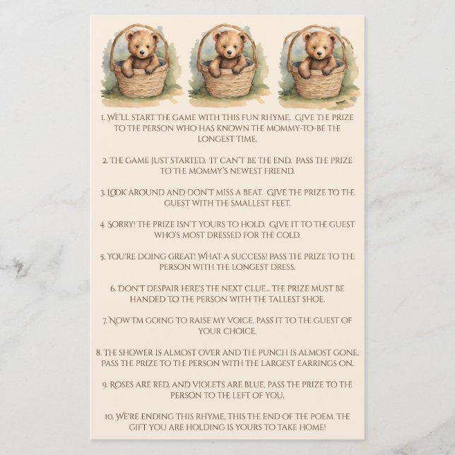 Baby Bear Baby Shower Pass the Prize Game Zazzle