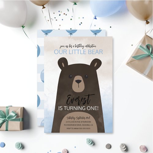 Baby Bear Birthday Invitation w Blue Balloons