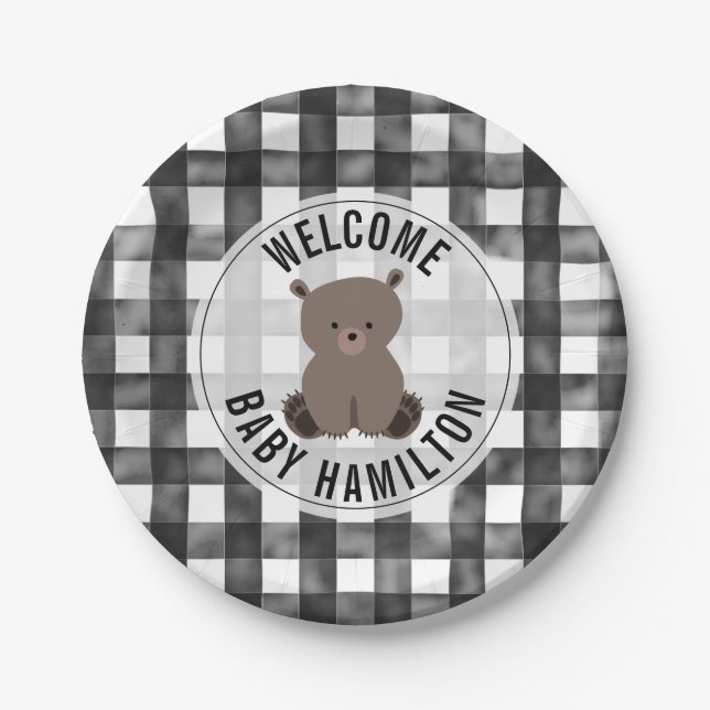 Baby Bear Black + White Gingham Baby Shower Paper Plates (Front)