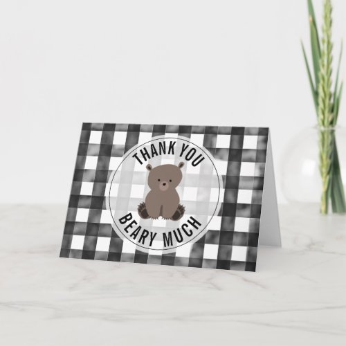 Baby Bear Black  White Gingham Thank You Card