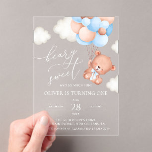 Baby Bear, Blue Balloons, First Birthday Acrylic Invitations