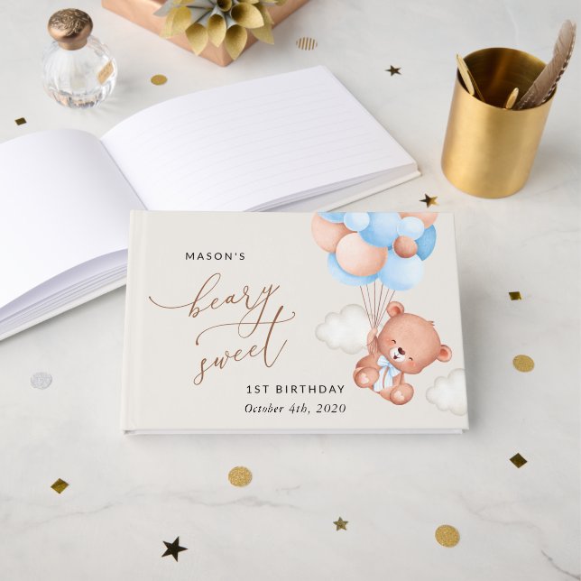 Baby Bear, Blue Balloons, First Birthday Guest Book (Front Open)