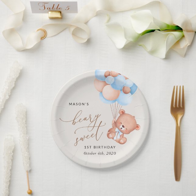 Baby Bear, Blue Balloons, First Birthday Paper Plates (Wedding)