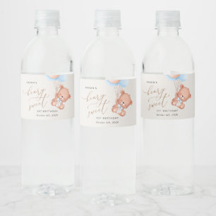 Baby Bear, Blue Balloons, First Birthday Water Bottle Label