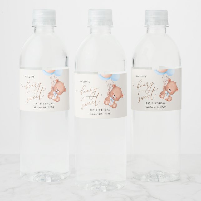 Baby Bear, Blue Balloons, First Birthday Water Bottle Label (Bottles)
