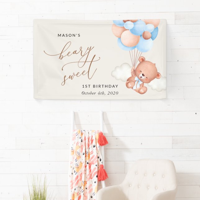 Baby Bear, Blue Balloons, First Birthday Welcome Banner (Insitu)