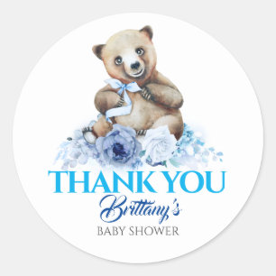 Baby Bear Blue Floral Baby Shower Thank You Classic Round Sticker
