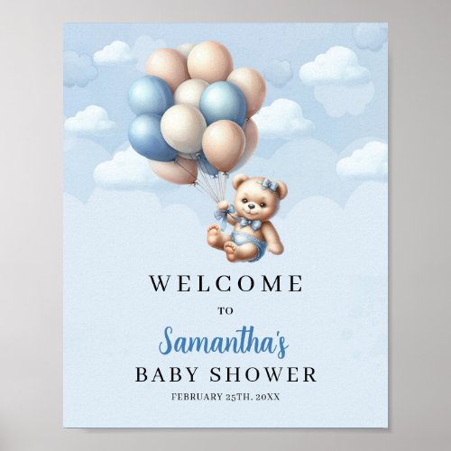 Baby bear blue ivory balloons Baby Shower welcome Poster
