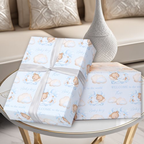 Baby Bear Blue Newborn Baby Boy Name Wrapping Paper