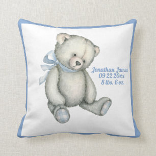 Baby Bear Blue Ribbon Watercolor Baby Boy Vintage Throw Pillow