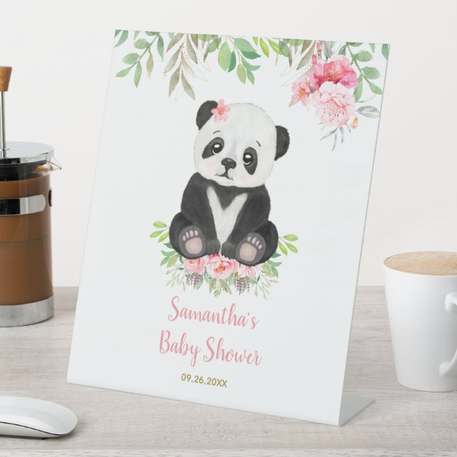 Baby Bear Blush Pink Greenery Girl Baby Shower Pedestal Sign (In SItu)