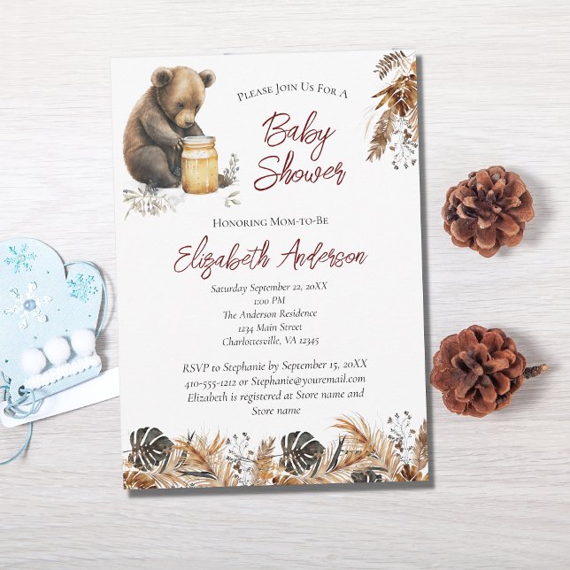 Baby Bear Boho Brown Botanical Floral Baby Shower  Invitation (Creator Uploaded)