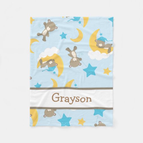 Baby Bear Boy Moon Cloud Blue Fleece Blanket