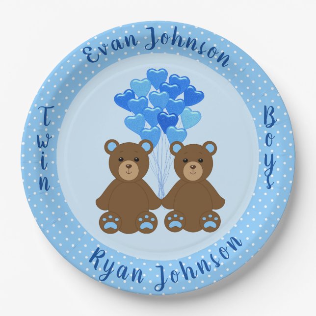 Baby Bear Boy Twins Paper Plate (Front)