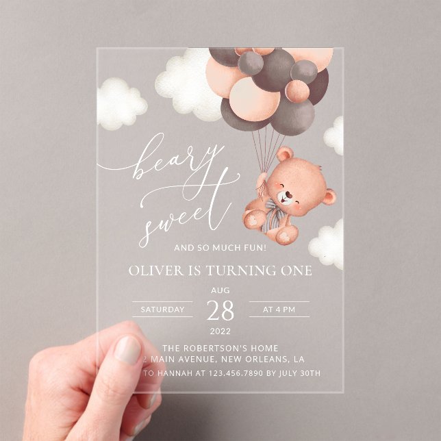 Baby Bear, Brown Balloons, First Birthday Acrylic Invitations (Insitu (Handheld))