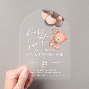 Baby Bear, Brown Balloons, First Birthday Acrylic Invitations