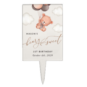Baby Bear, Brown Balloons, First Birthday Cake Topper