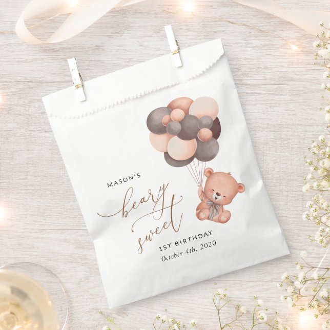Baby Bear, Brown Balloons, First Birthday Favor Bag (Clipped)