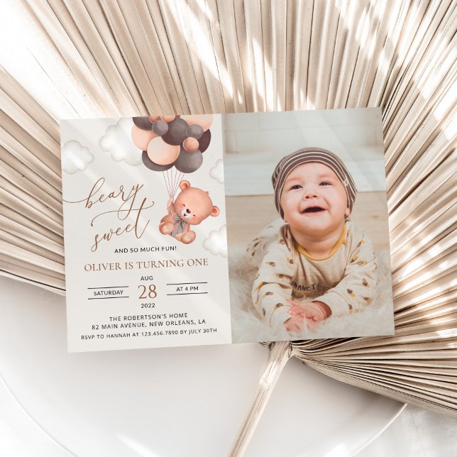 Baby Bear, Brown Balloons, First Birthday Invitation (Creator Uploaded)