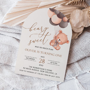 Baby Bear, Brown Balloons, First Birthday Invitation