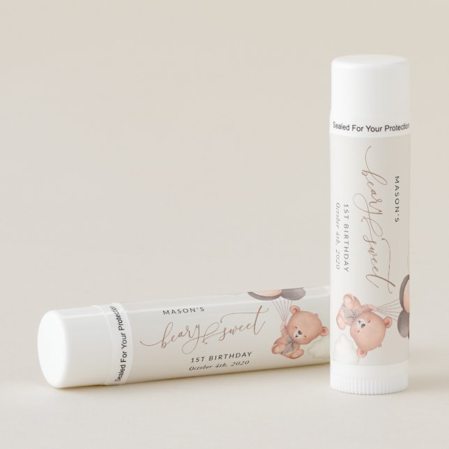 Baby Bear, Brown Balloons, First Birthday Lip Balm (Front)