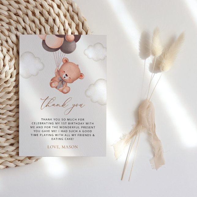 Baby Bear, Brown Balloons, First Birthday Thank You Card (Creator Uploaded)