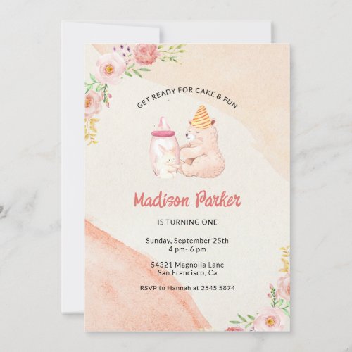 Baby Bear  Bunny Kids Birthday Invitation