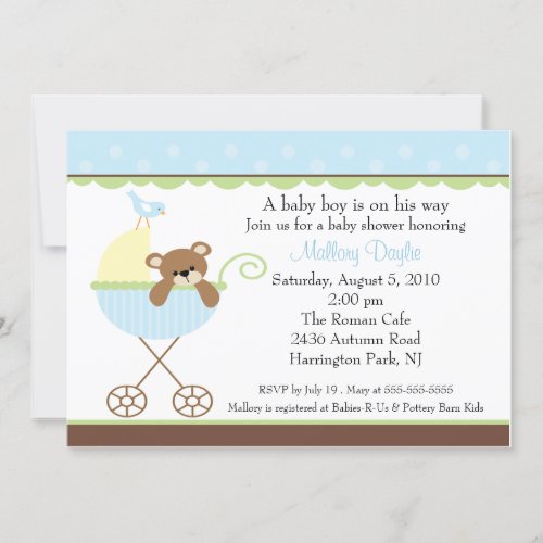 Baby Bear Carriage Boy Baby Shower Invitation