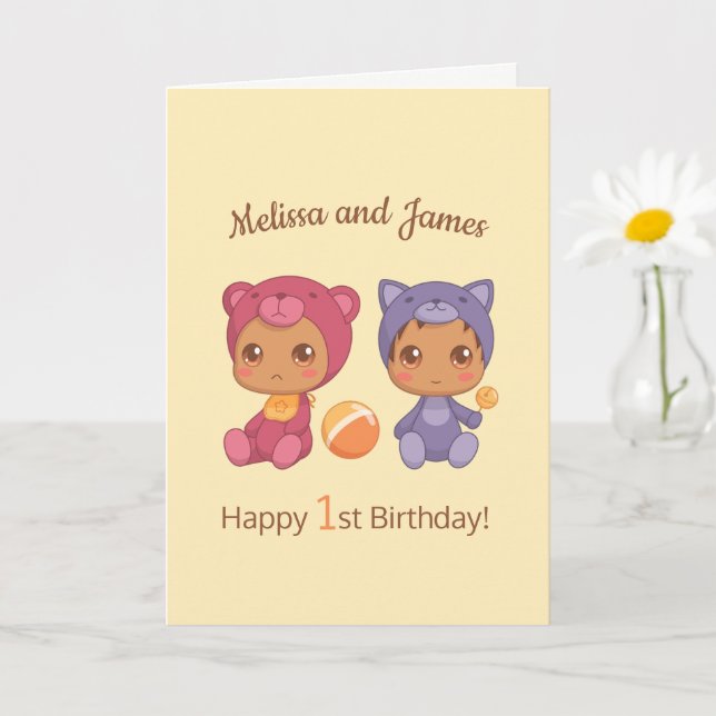 Baby Bear Cat Twins First Birthday Names Blank 2 Card (Small Plant)