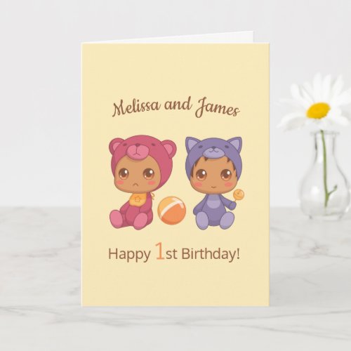 Baby Bear Cat Twins First Birthday Names Blank 2 Card