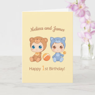 Baby Bear Cat Twins First Birthday Yellow Blank Card