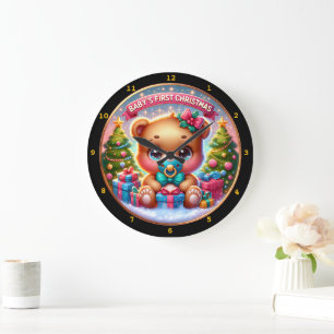 Baby Bear Christmas with Gift Decor Holiday Theme Large Clock