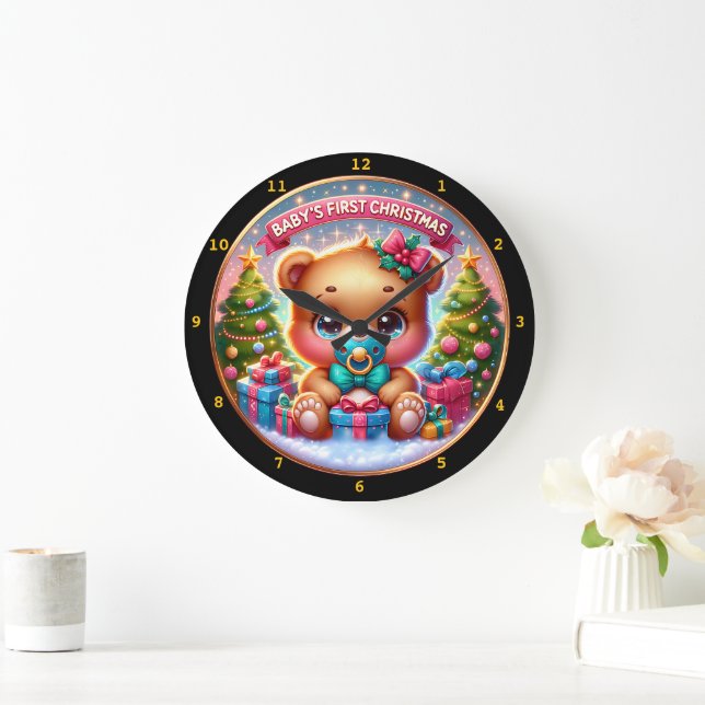 Baby Bear Christmas with Gift Decor Holiday Theme Large Clock (Home)