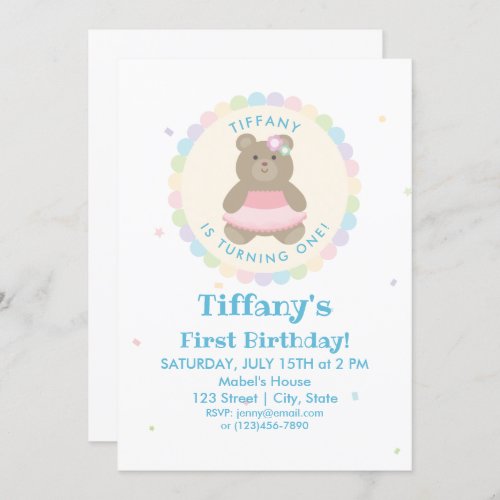 Baby Bear Cub Ballerina Girl First Birthday Party Invitation