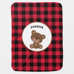 Baby Bear Cub Boy Personalized Red Flannel Plaid Baby Blanket