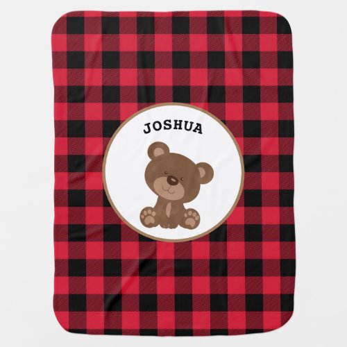 Baby Bear Cub Boy Personalized Red Flannel Plaid Baby Blanket