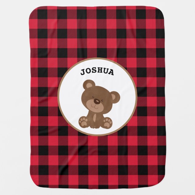 Baby Bear Cub Boy Personalized Red Flannel Plaid Baby Blanket (Front)