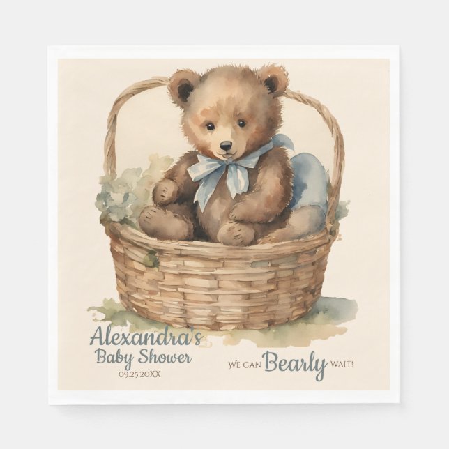 Baby Bear Cub Boys Bearly Wait Baby Shower Napkins (Front)