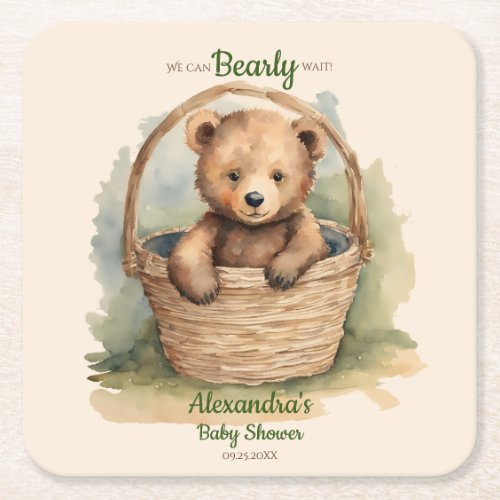 Baby Bear Cub Gender Neutral Baby Shower Square Paper Coaster